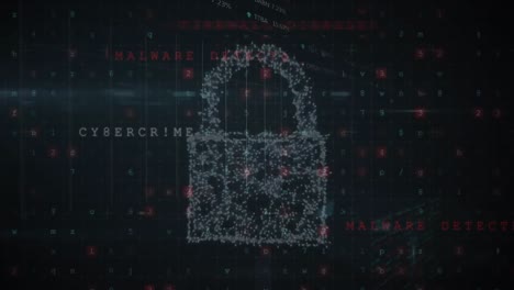animación de un candado de seguridad e icono de nube sobre el procesamiento de datos de ciberseguridad en fondo azul.