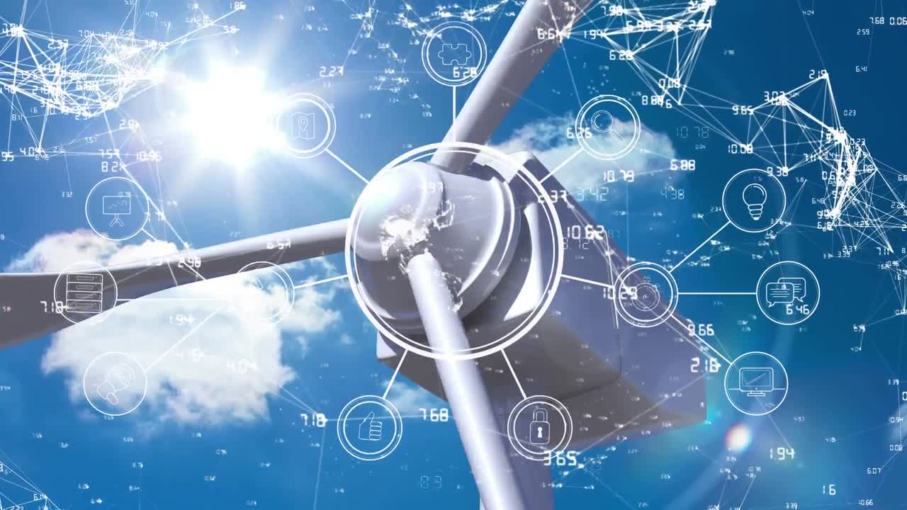 데이터 처리 및 풍력 터빈과 함께 연결 네트워크의 애니메이션 구름과 함께 하늘 위에