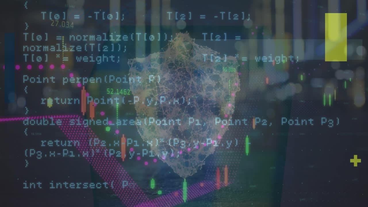 Animation of data processing and security padlock over dark background