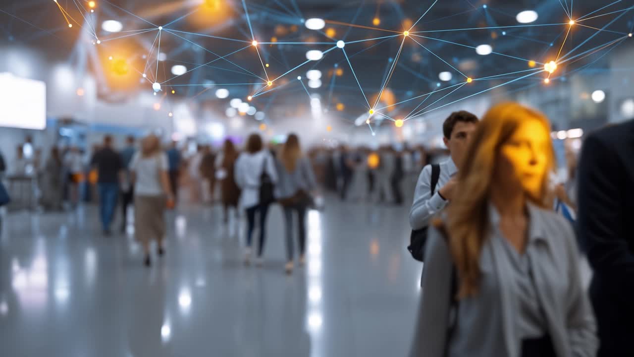 Una visione futuristica di una folla vivace in un ambiente urbano, che mostra connessioni dinamiche con sovrapposizioni digitali che rappresentano la tecnologia e l'interazione umana