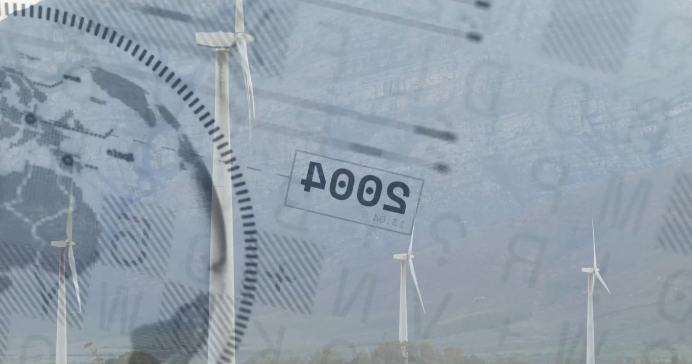 Turbines spinning over scrubland, data driving moving globe, dial, 2003 stamp showing energy