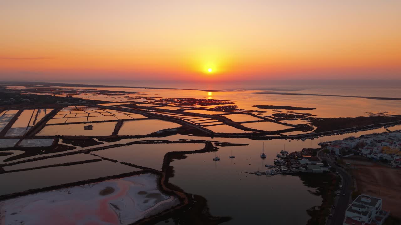 Aerial shot revealing the salt pans near Tavira and Fuseta in Ria Formosa natural park in Algarve region at sunrise with beautiful colors in the sky, Portugal