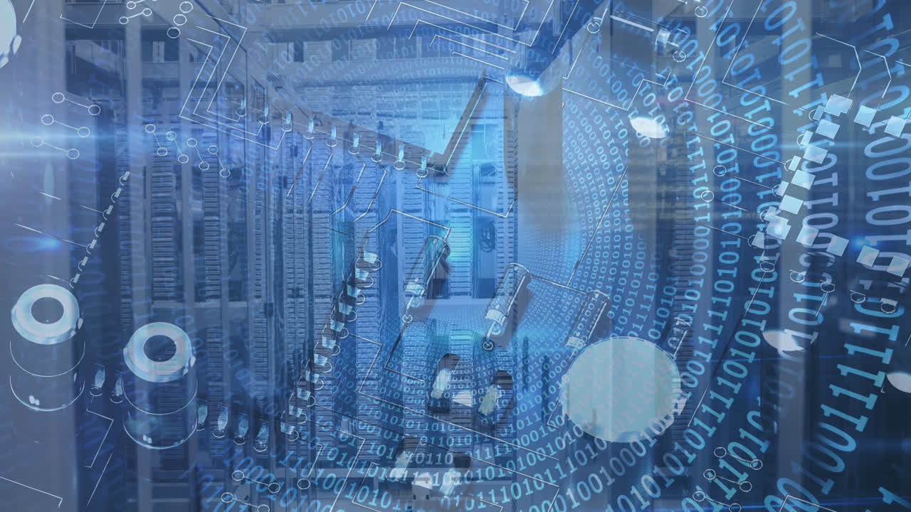Animation of white shapes and numbers over an empty server room