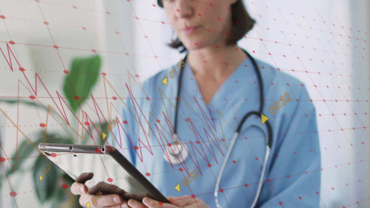 Female medical professional tapping tablet in clinic, featuring animated red yellow data graphs
