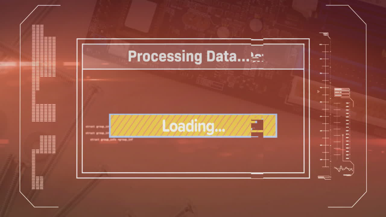 Animation of data processing and loading bar over computing board