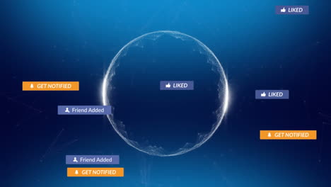 animación de textos de redes sociales en todo el mundo sobre fondo azul