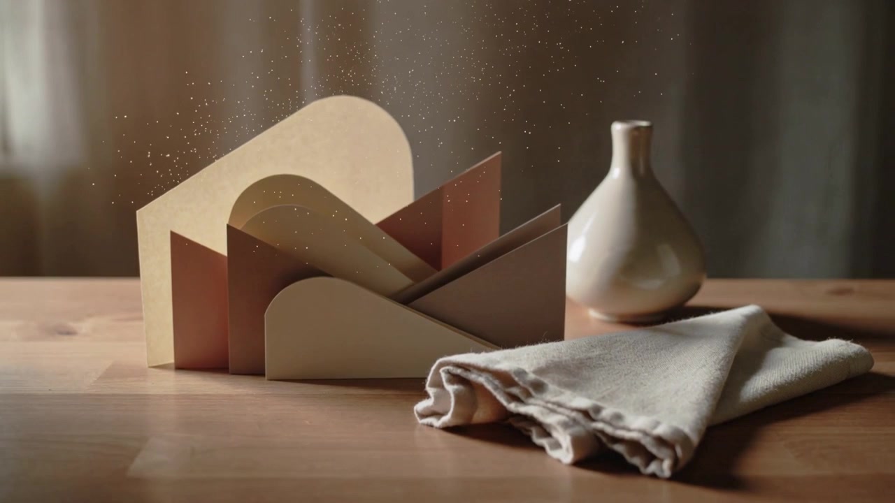 Luce mutevole che avvolge una scultura di carta su un tavolo di legno, creando un'atmosfera suggestiva con vaso di ceramica, tovagliolo e polvere.