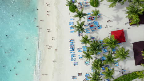 Tourists-relax-in-the-warm-azure-waters-of-the-most-beautiful-perfect-beach,-Saona,-Aerial-top-down