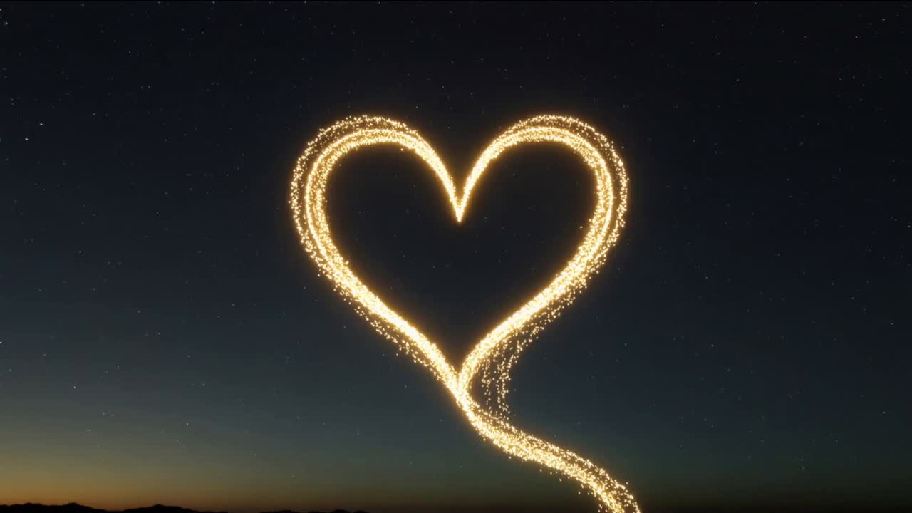 Rising golden particle stream from emitter tracing double heart outline at dusk horizon, with halos