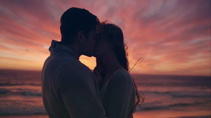 Couple heureux s'embrassant sur la plage au coucher du soleil, silhouette amoureuse en lune de miel RED DRAGON