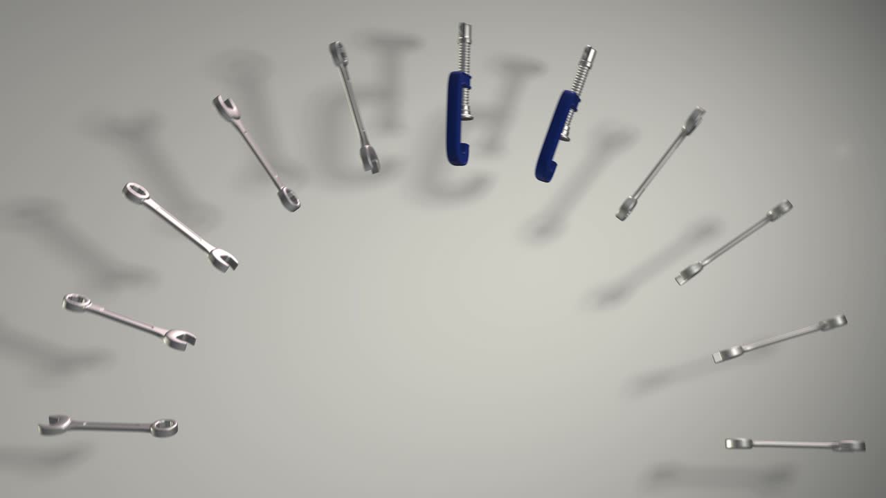 el kit de herramientas incluye una llave inglesa, una pinza, un soporte de teski. el patrón. rotación. animación realista. tienda, mantenimiento, reparación de carrusel de bucle de espectáculo.