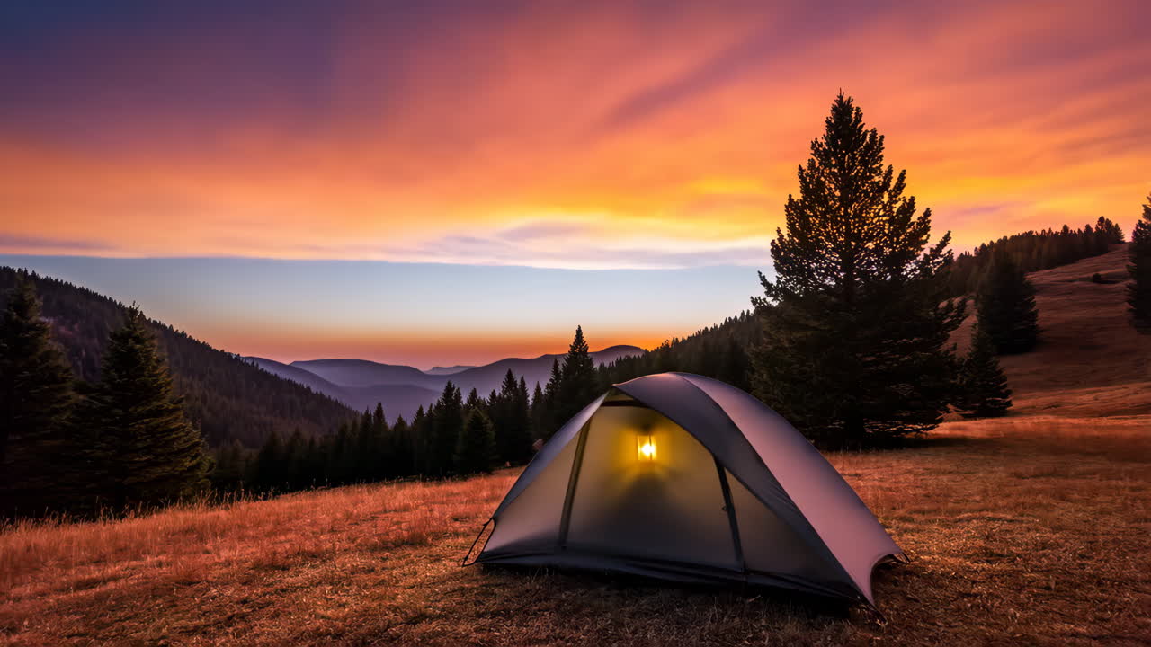 Camping under the twilight sky, transitioning from sunset to a starry night