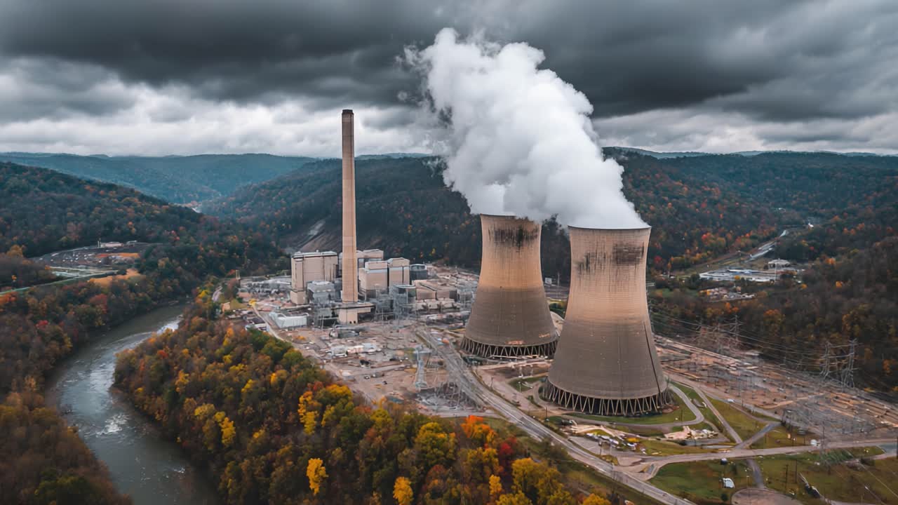 Aerial View of Nuclear Power Plant Surrounded by Autumn Foliage and Dramatic Skies with Emissions Billowing from Cooling Towers