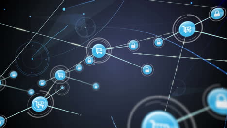 animation of network of connections with icons over gloving light on dark background