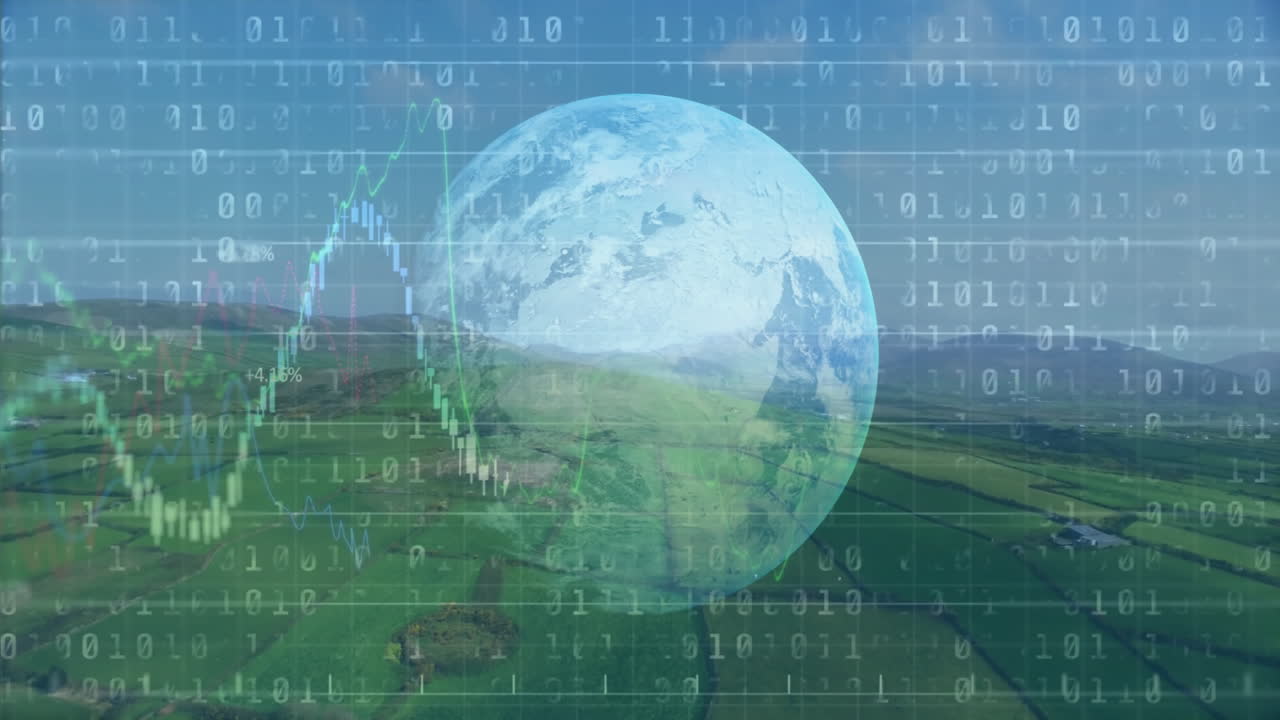 Translucent Earth globe floating over farmland in 3D overlaying binary code and finance charts