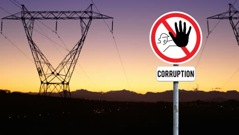 Animation-of-stop-curruption-sign-board-against-network-towers-and-sunset-sky