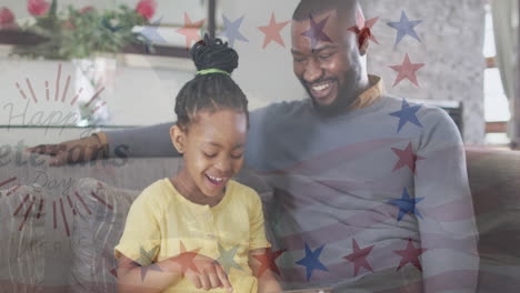 animation of usa flag over happy african american father and daughter