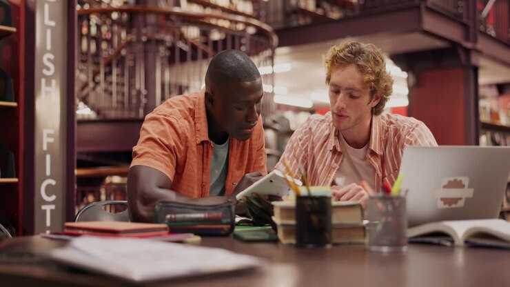 Two students studying together in a library