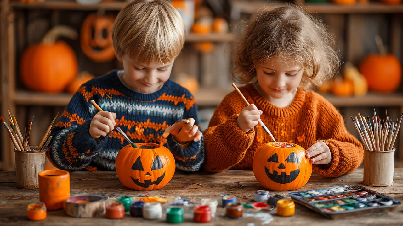 Kids carving pumpkins for Halloween fun. Two children are busy decorating pumpkins in a cozy indoor setting filled with Halloween decorations