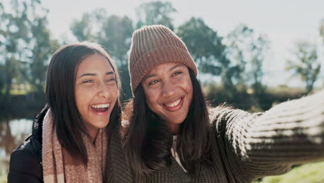 happy woman, friends and selfie in nature