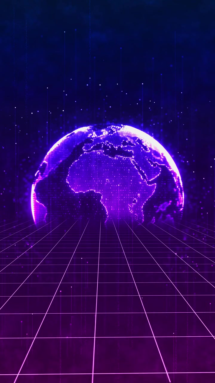 Purple digital globe grid background with glowing earth sphere neon perspective floor falling data