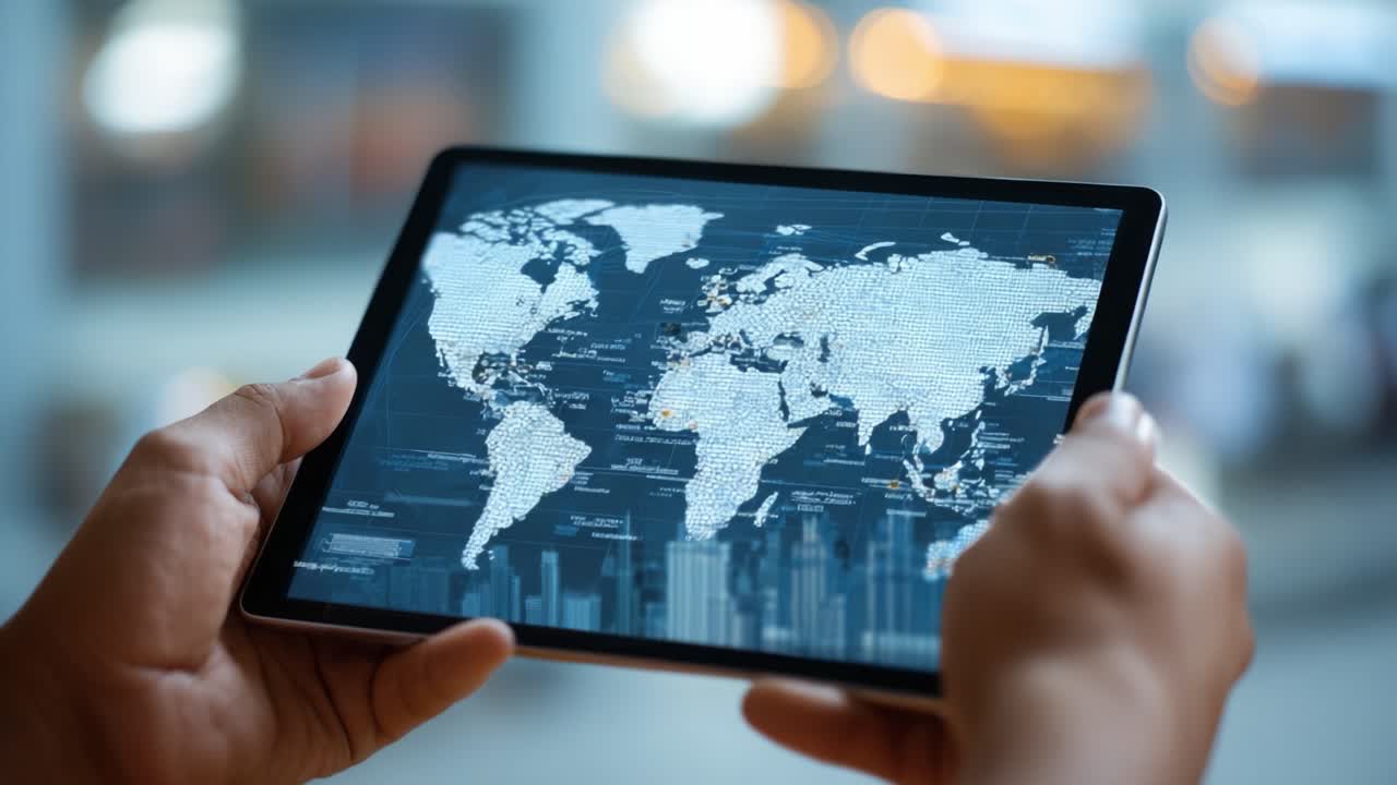A person holding a tablet displaying a detailed and vibrant world map, showcasing various geographic elements and data visualizations, emphasizing global connectivity and information