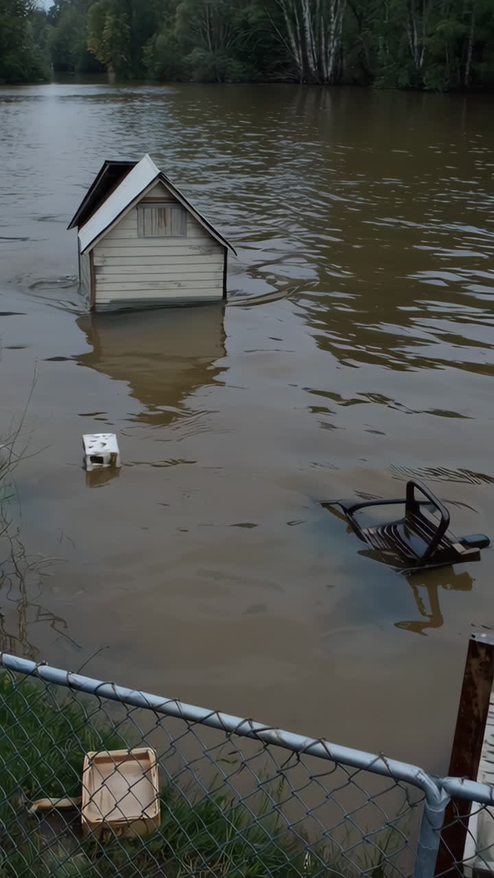 Submerged Shed and Chair in Murky Floodwaters