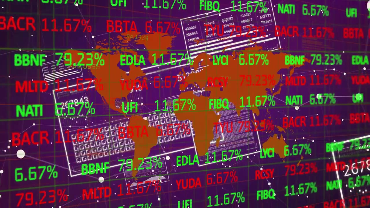 On start orange world map updating tickers rotating outline animating nodes visualizing trends