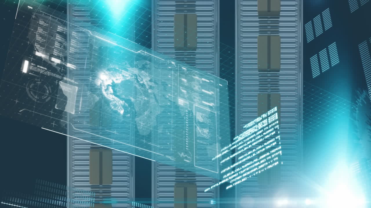 interfaz digital con procesamiento de datos en múltiples cajas en cinta transportadora contra un fondo azul