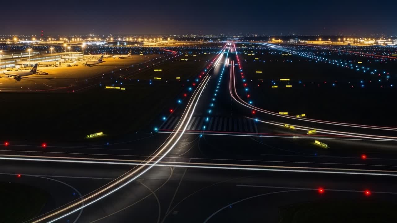 Night View of an Airport Runway with Light Trails