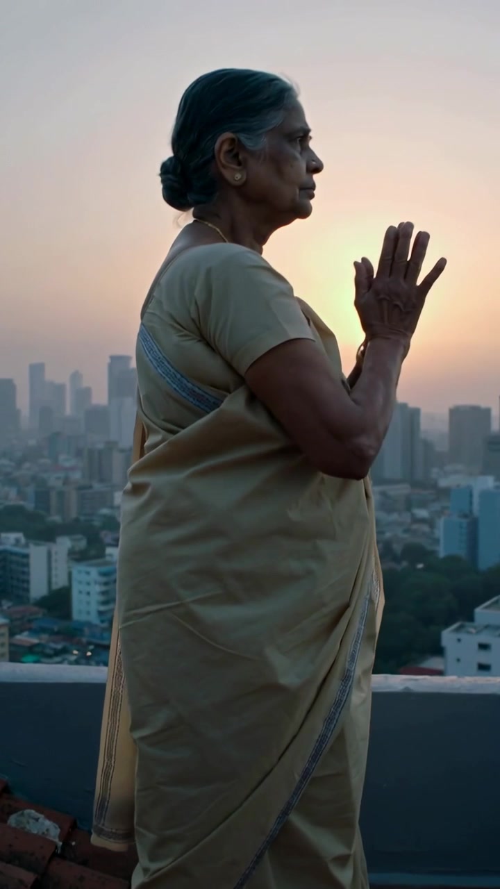 Vertical video: Praying aged woman rising at parapet lifting palms to chest at dusk sari