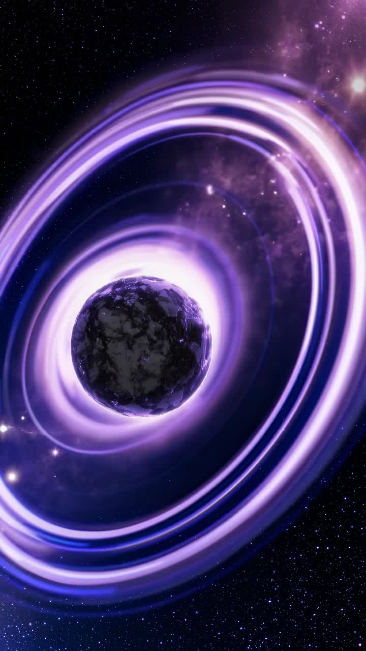 Una scena video cosmica con un pianeta circondato da anelli viola turbinanti