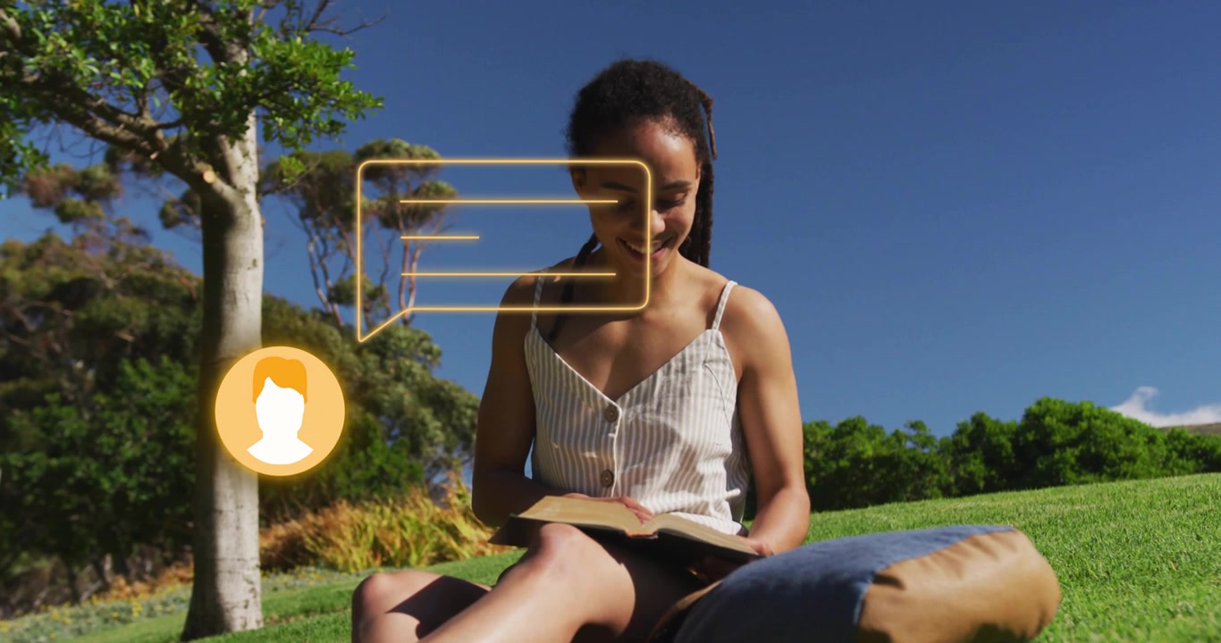 Woman reading on hill, yellow avatar and chat bubble appearing, moving near face while learning