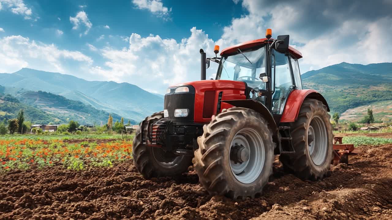 Un Potente Trattore Rosso che Ara un Campo Fertile con una Splendida Catena Montuosa sullo Sfondo Sotto un Bellissimo Cielo Blu e Nuvole a Zucchero Filato