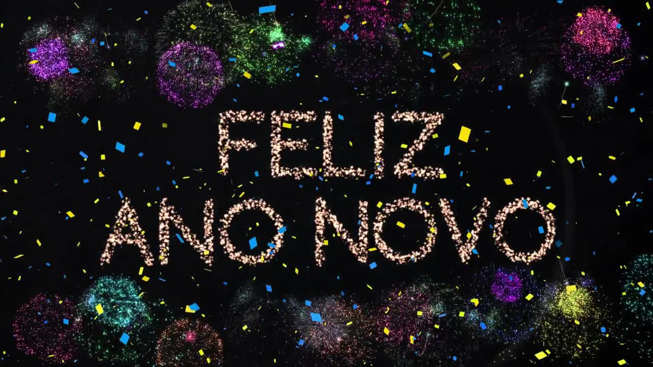 animação de felicitações de texto de feliz ano novo sobre confeti e fogos de artifício