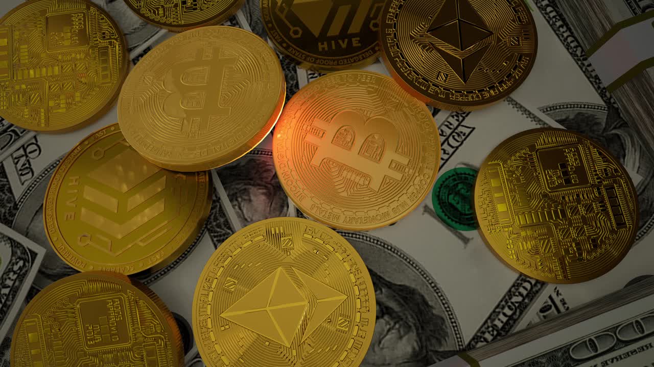 Bitcoin Btc Coin And Ethereum Eth Coins With 100 Dollars Bills. Digital Crypto Coin And Cryptocurrency. Concept Of Exchange Market And Online Trading