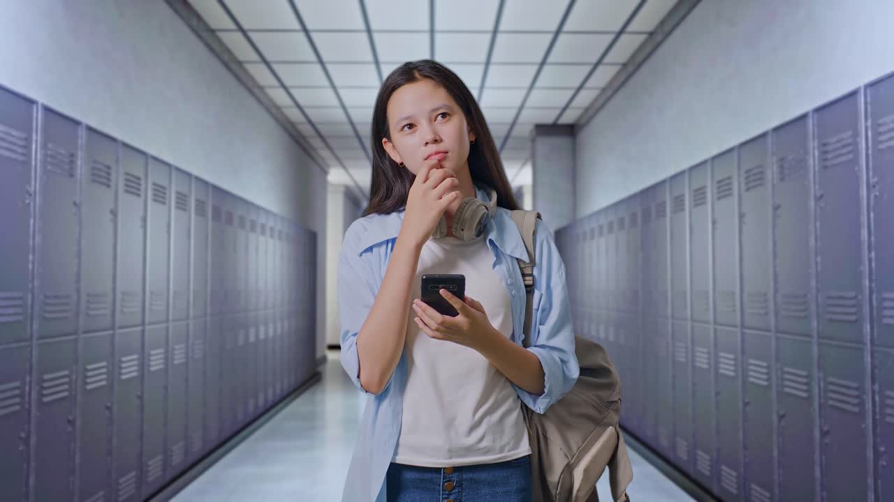 adolescente usando el teléfono en el pasillo de la escuela
