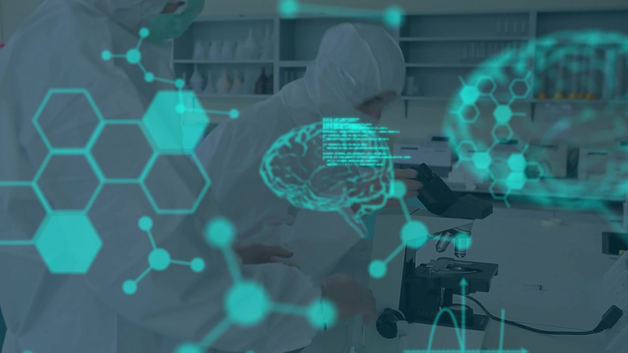 Scientists in Protective Suits Using Microscope with Digital Overlays