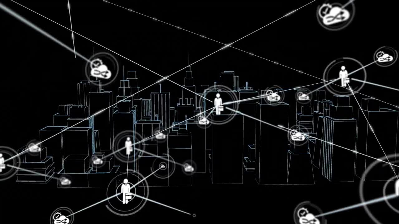 Animation of network of connections with icons over 3d city drawing