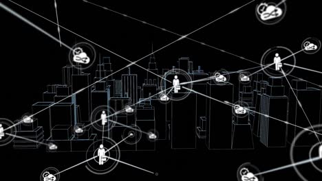 Animation-of-network-of-connections-with-icons-over-3d-city-drawing