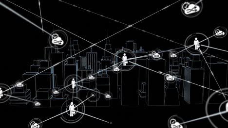 animation of network of connections with icons over 3d city drawing