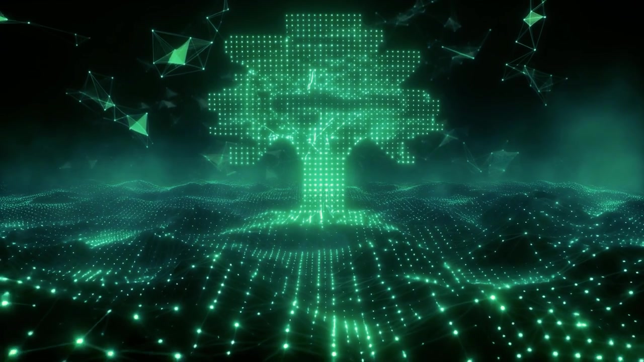 Digital Tree Symbol Floating Above Glowing Data Landscape