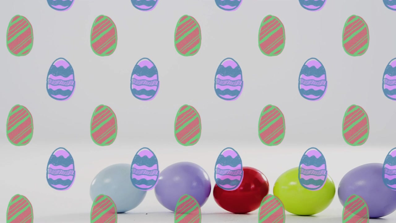 Glossy eggs rolling in from right, nudging group left and forming loose row under cartoon overlay