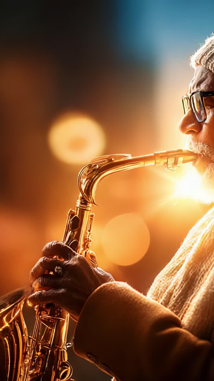 Un sassofonista di talento suona con passione sotto luci bokeh calde, dando vita alla musica con melodie vivaci e ritmi soul, catturando l'essenza dell'arte jazz