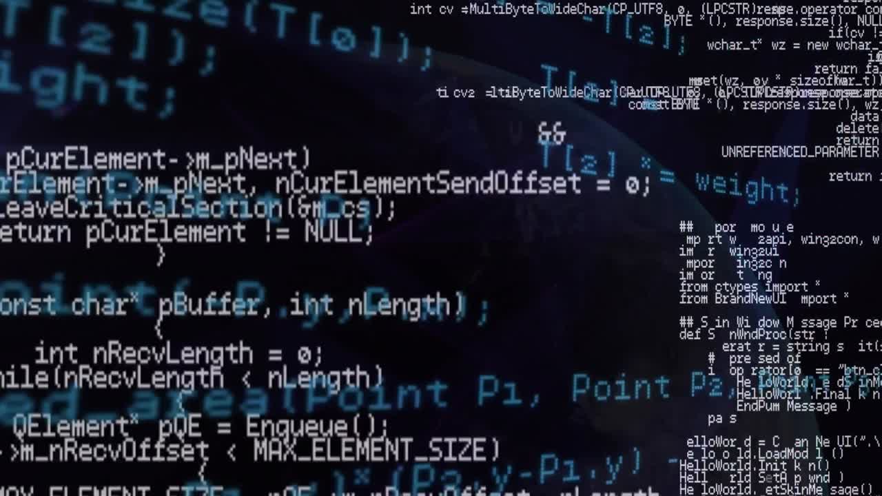 animación de un lenguaje informático en bucle sobre el globo contra un fondo negro