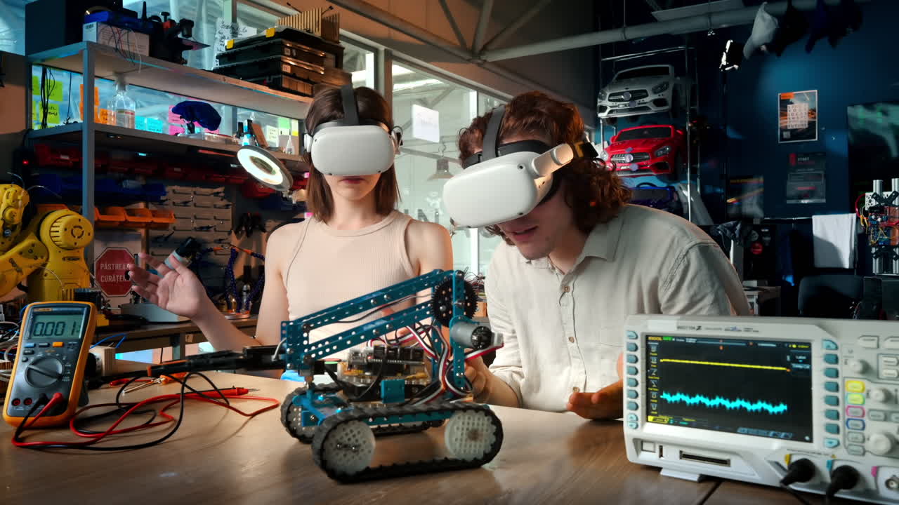 Young man and woman in VR glasses doing experiments in robotics in a laboratory. Robot and tools on the table. Slow motion. Translation from Romanian language on red sign "keep the workplace clean"