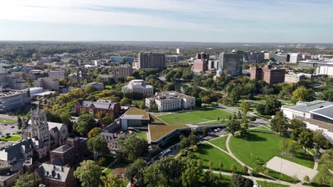 case western reserve university, cleveland, ohio usa, drone shot of campus buildings, church and green fields