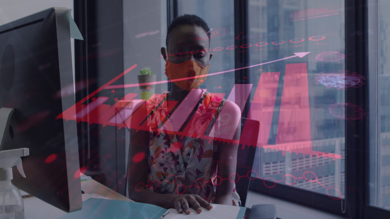 Animation of financial data processing over businesswoman with face mask holding document in office
