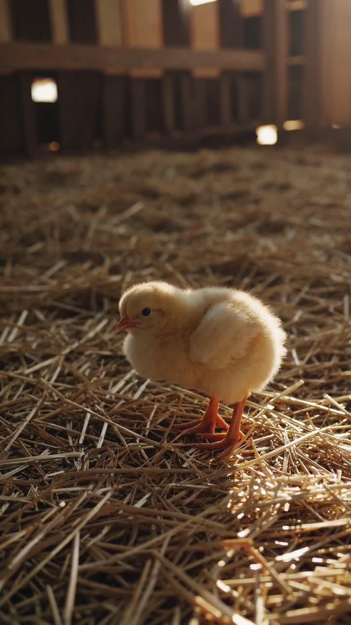 Tiefwinkel-Video eines flauschigen Kükens auf Stroh in einem sonnendurchfluteten Stall, das eine warme, rustikale Atmosphäre einfängt