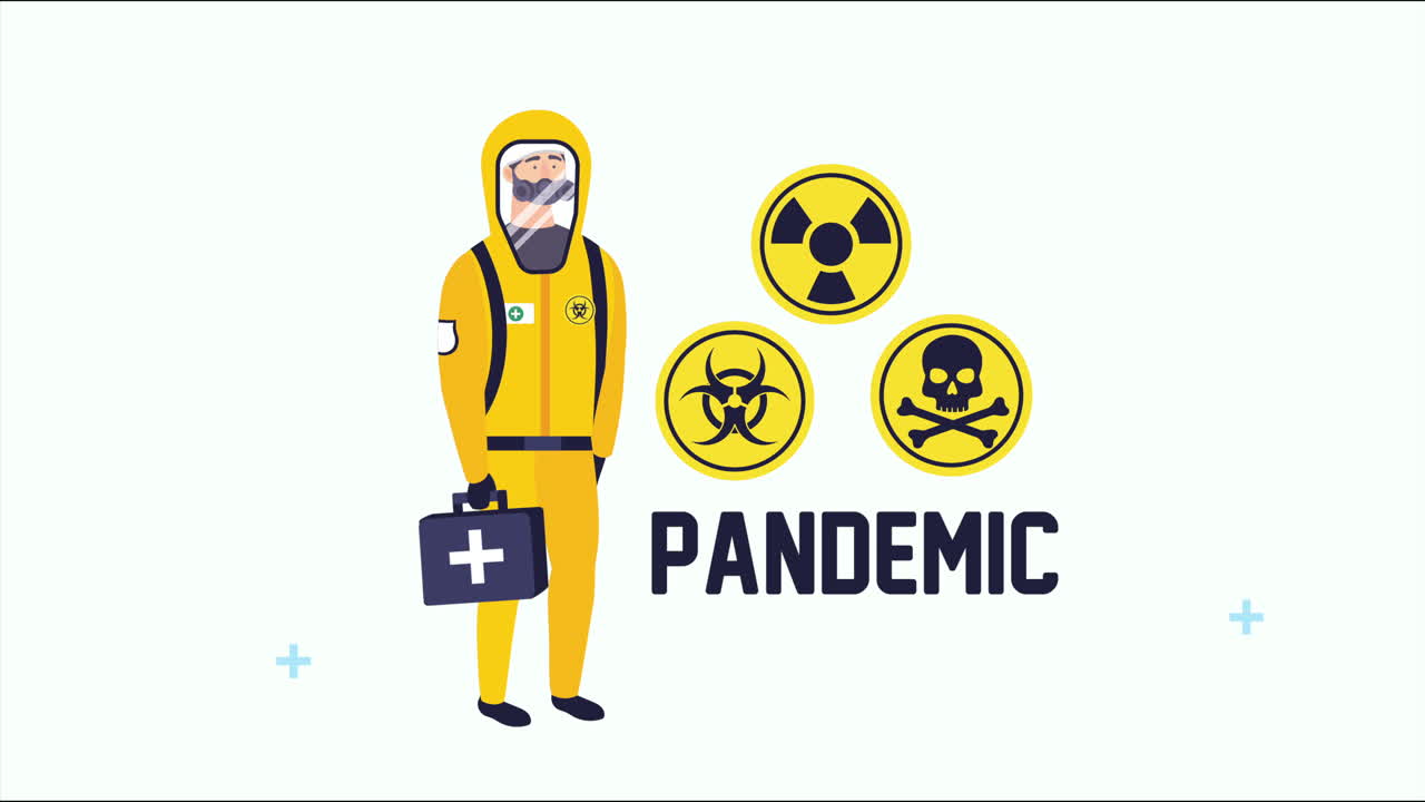 생물학적 위험복과 주의 신호를 입은 의사